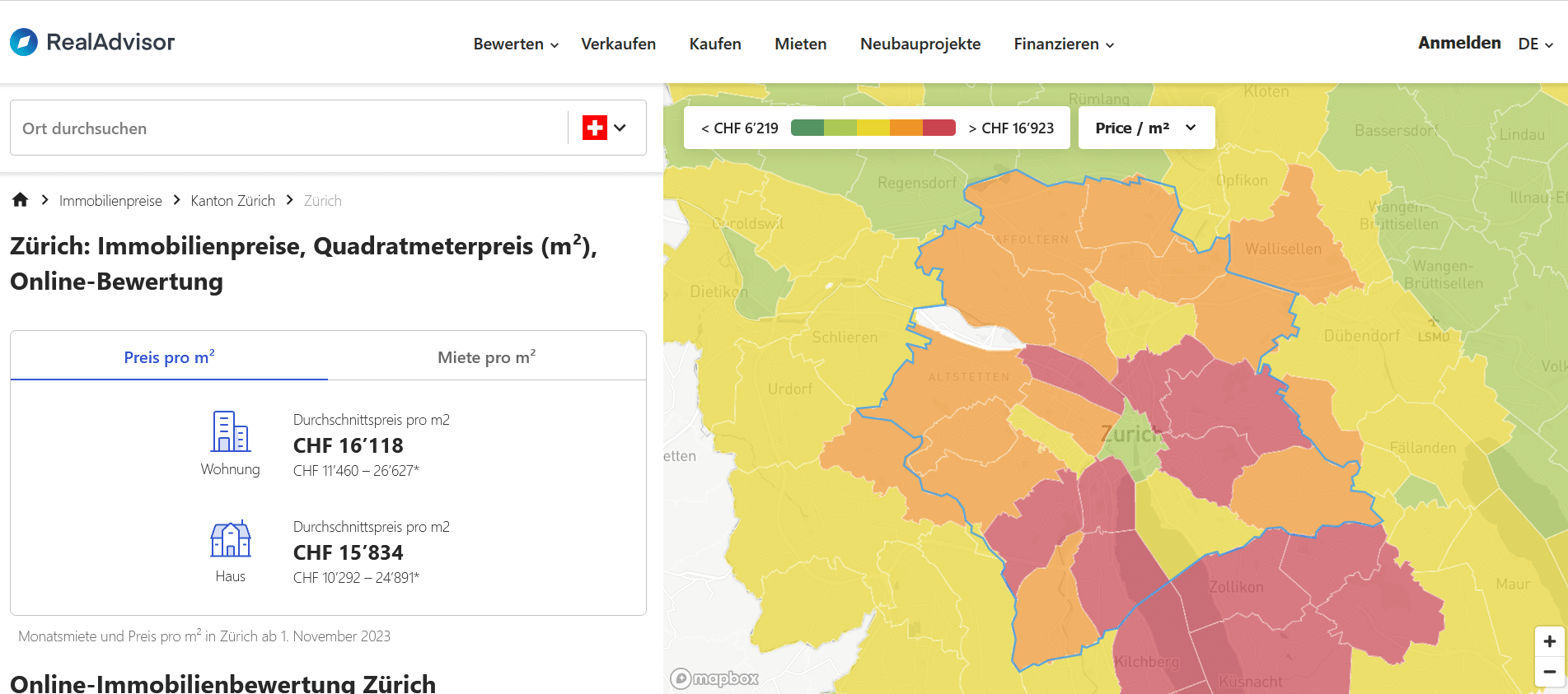 Immobilienpreise Zürich Landkarte mit Preisen